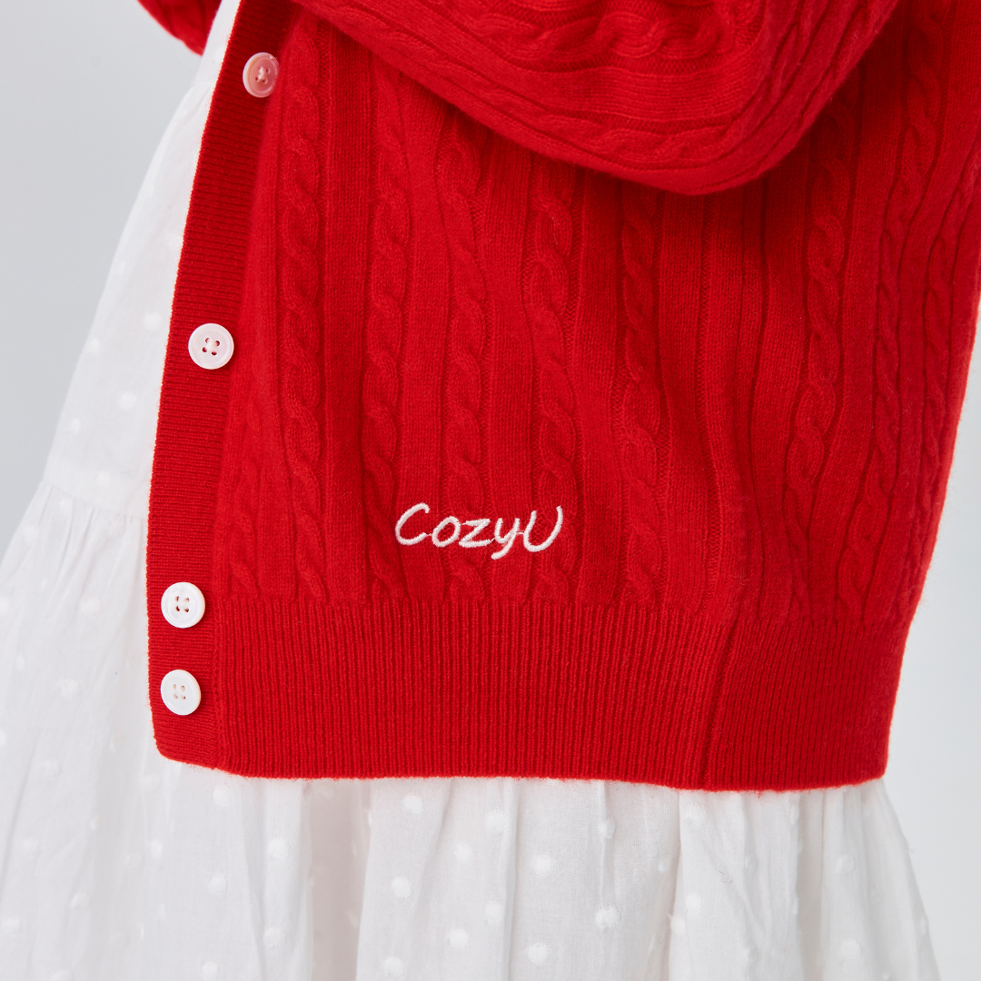 Classic Extra Fine Merino Wool Twist Knit Cardigan | Flame Red